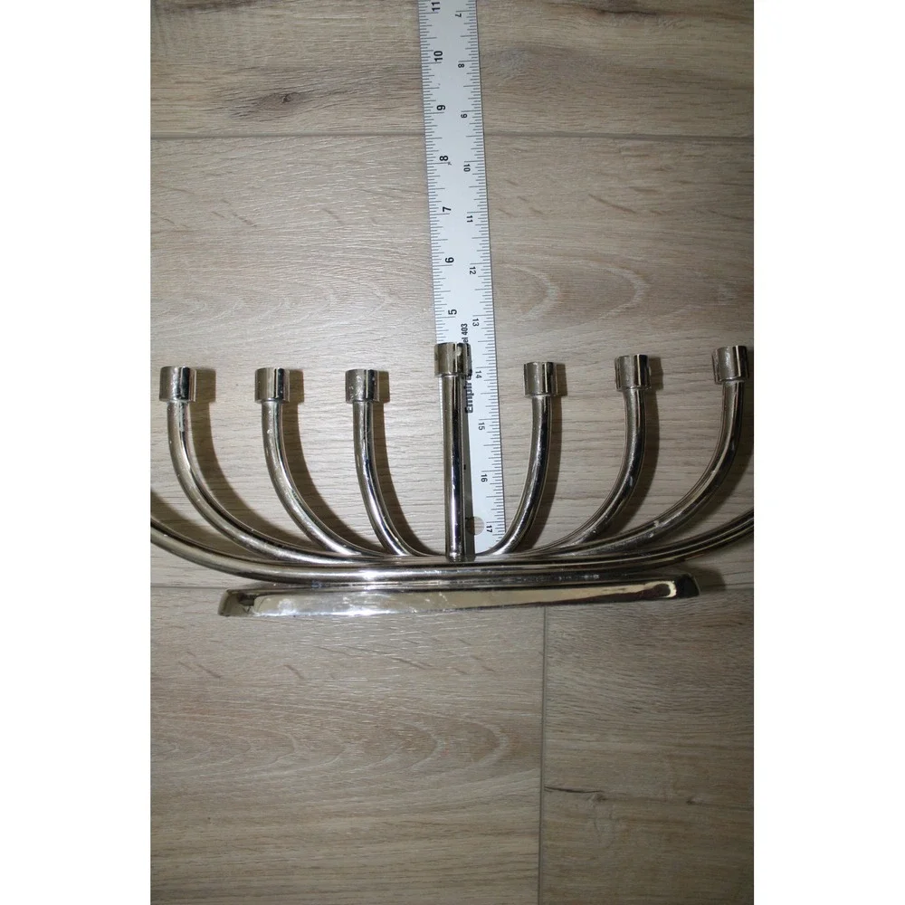 Crate & Barrel Modern Nickel Menorah 495-816 Silver Hanukkah Candelabra 13.5in